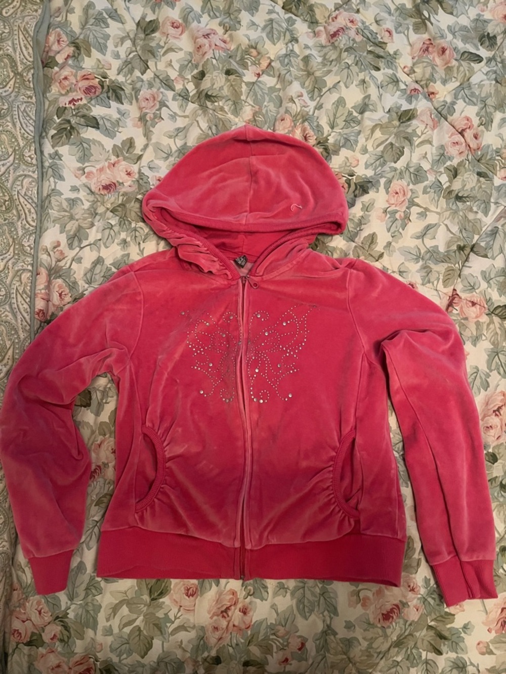 Zara Hot Pink Velour Rhinestone Zip-Up Hoodie